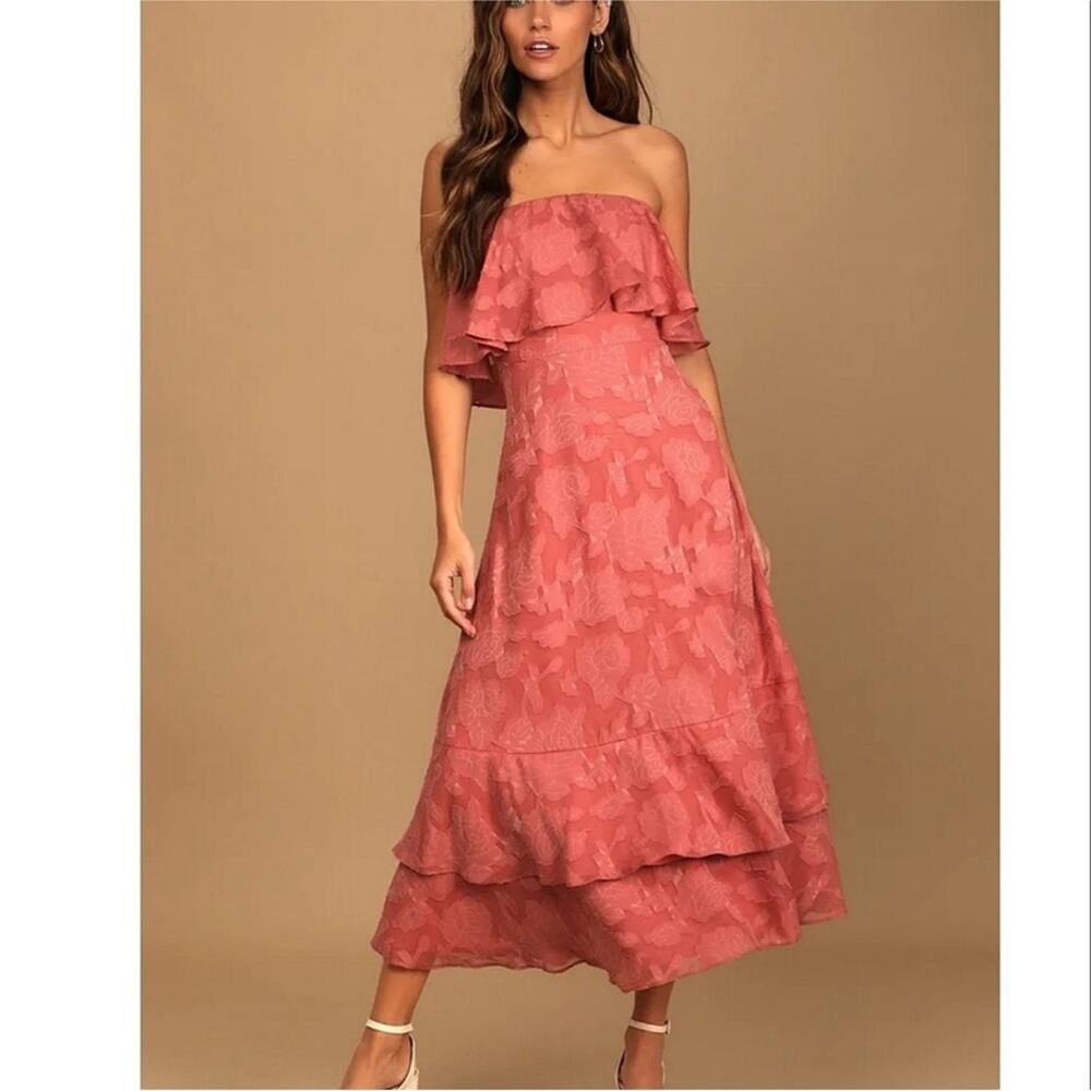 NWT Lulus Love You So Truly Dusty Rose Burnout Strapless Ruffle Maxi Dress XS